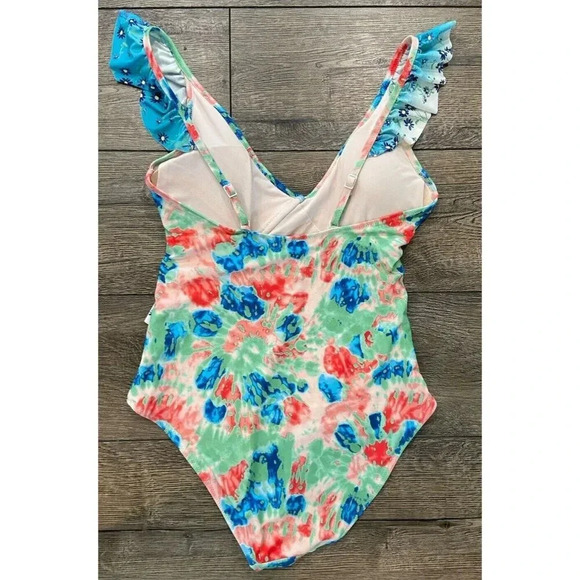 Aerie Bathing Suit Swim One Piece Blue Green Pink Ruffle Shoulder Medium M - Picture 2 of 4